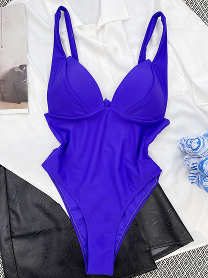 Solid Color V-Neck Backless One-Piece Swimsuit