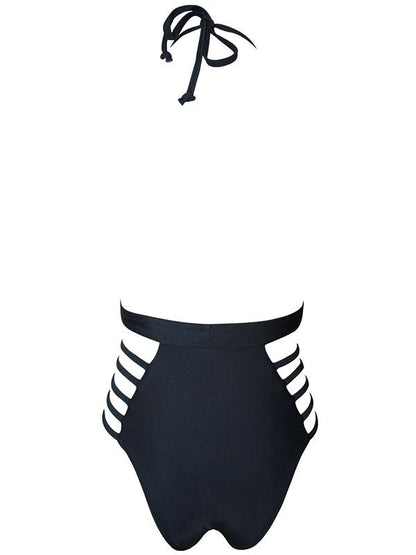 Plain Black Lace-up One-piece Swimwear