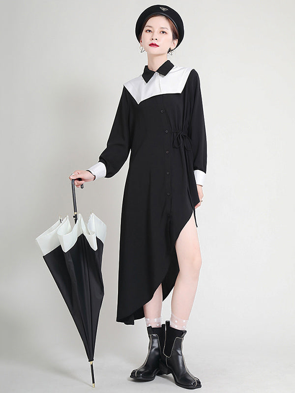 Original Irregular Split-Joint Buttoned Tied Lapel Collar Long Sleeves Midi Dress