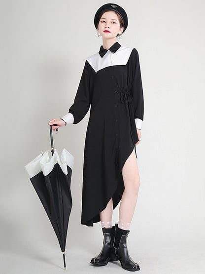 Original Irregular Split-Joint Buttoned Tied Lapel Collar Long Sleeves Midi Dress
