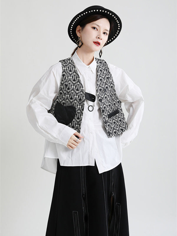 Original Irregular Solid Color Split-Joint Pleated Buttoned Lapel Collar Long Sleeves Blouse