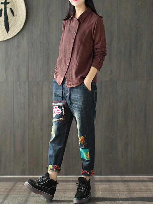 Ramie Cotton Solid Diagonal Button-design Shirt Top