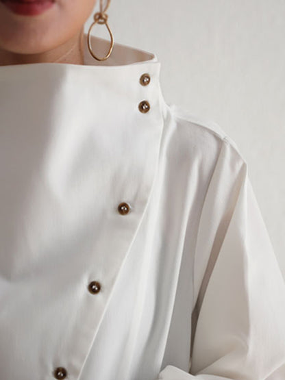 Loose Casual Solid Color Buttoned High-Neck Long Sleeves Blouse