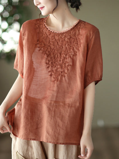 Artistic Retro Vintage Loose Ramie Cotton Embroidered T-Shirt Top