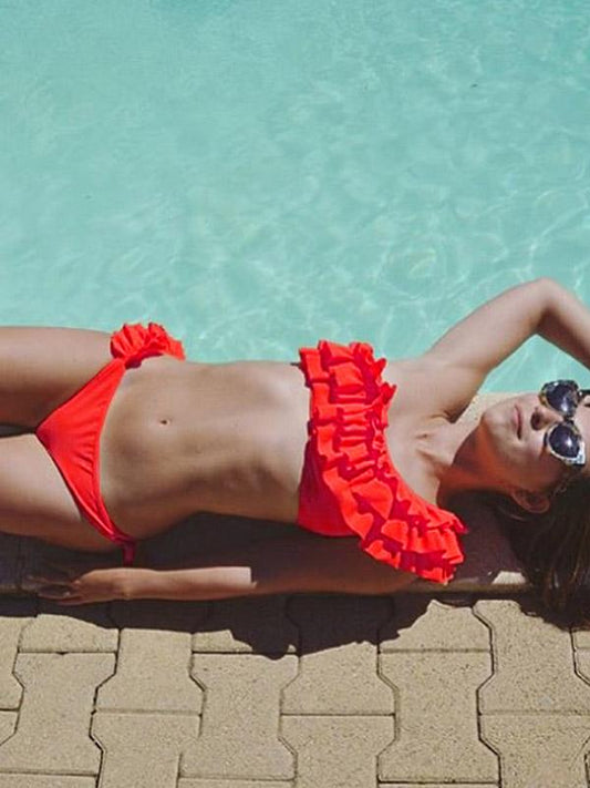 Ruffled Collar One Shoulder Top With Panty Bikini Set