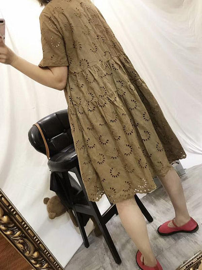 Cotton Vintage Embroidered Hollow Tiered Dress