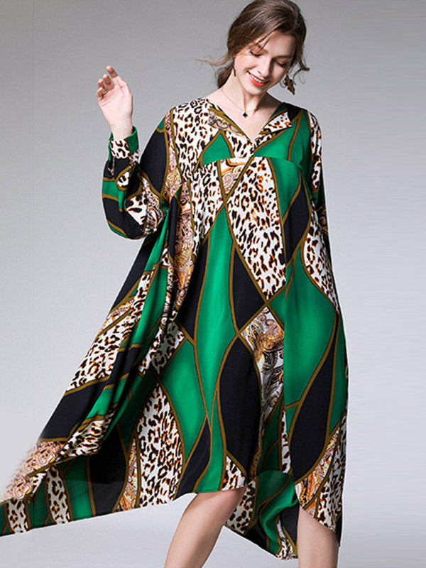 Casual Loose Split-Joint Contrast Color Leopard Floral Printed Lapel Collar Long Sleeves Midi Dress