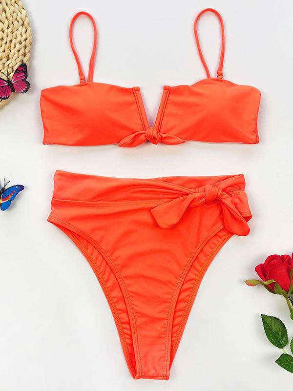 V-Neck Knotted Split Bikini Swimsuit