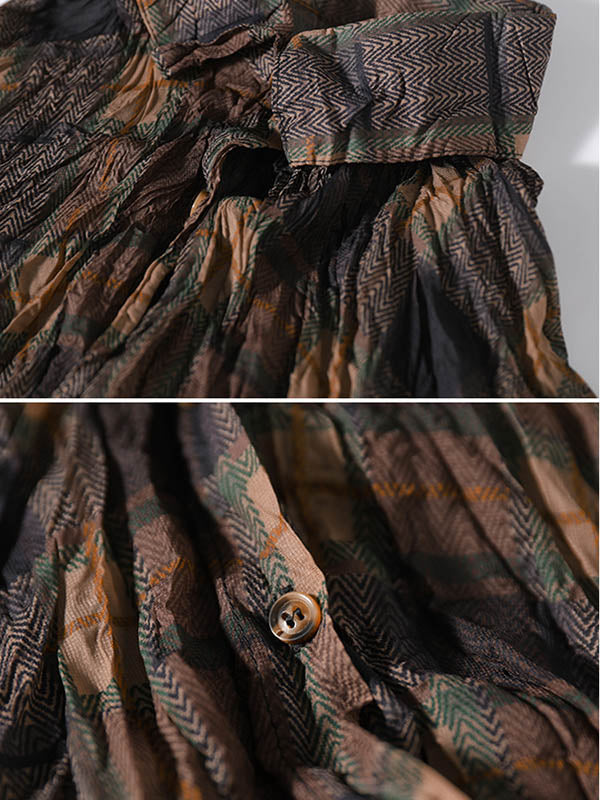 Vintage Printed Buttoned Pleated Lapel Long Sleeves Blouse Tops