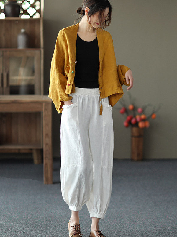Casual V-Neck Linen Batwing Sleeves Outerwear