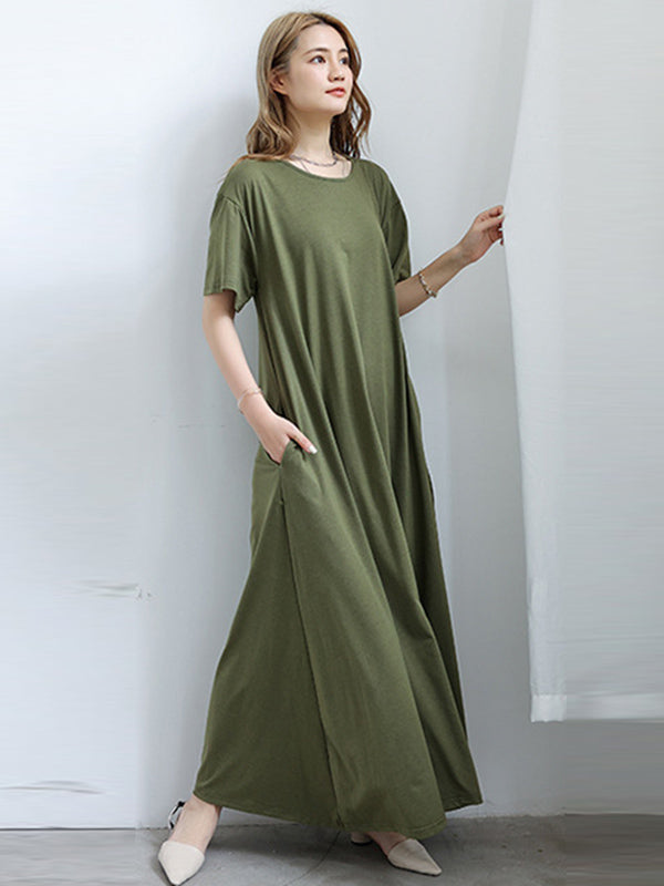 Simple Solid Color Oversized A-Line Round-Neck Short Sleeves Maxi Dress