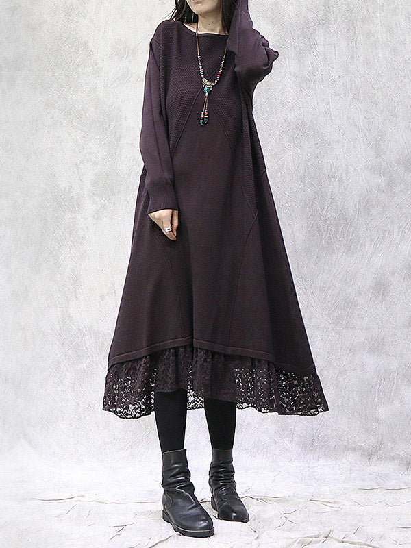 Artistic Retro Solid Color Split-Joint Embroidered Hollow Lace Round-Neck Long Sleeves Knitted Sweater Dress