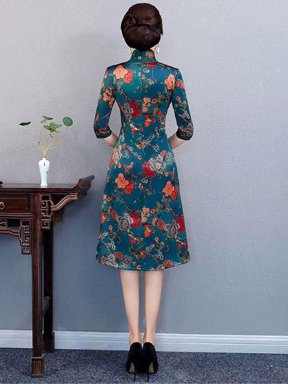 Autumn Flower Print Split-front Stand-collar Long Cheongsam