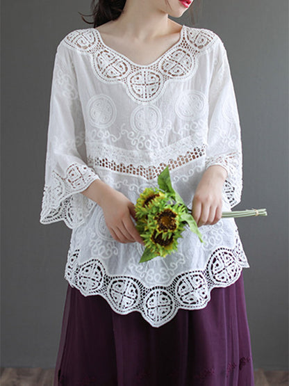 Cotton Blend Embroidered  Hollow V-Neck T-Shirts Tops