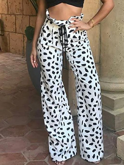 Polka Dot Pleated High waist Lace-up Casual Pants
