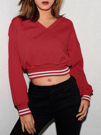 V-Neck Striped Crop Sweatershirts