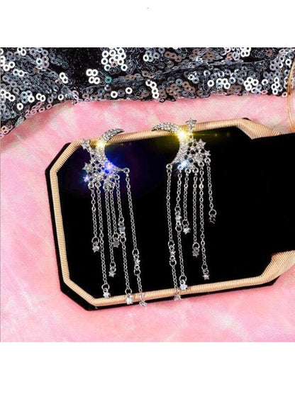 S925 Silver Needle Star Moon Long Earrings