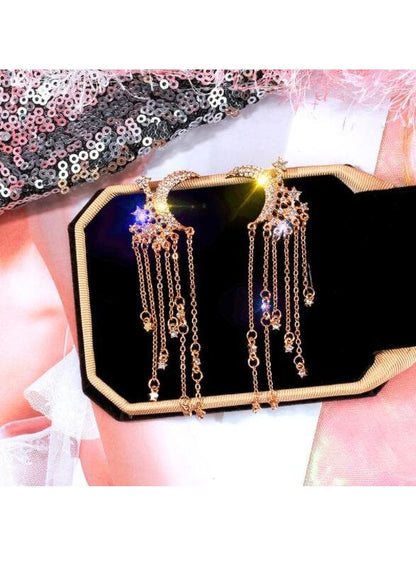 S925 Silver Needle Star Moon Long Earrings