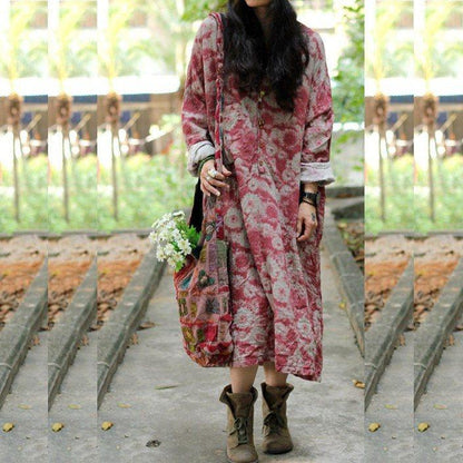 cotton linen casual loose fitting dress red /blue