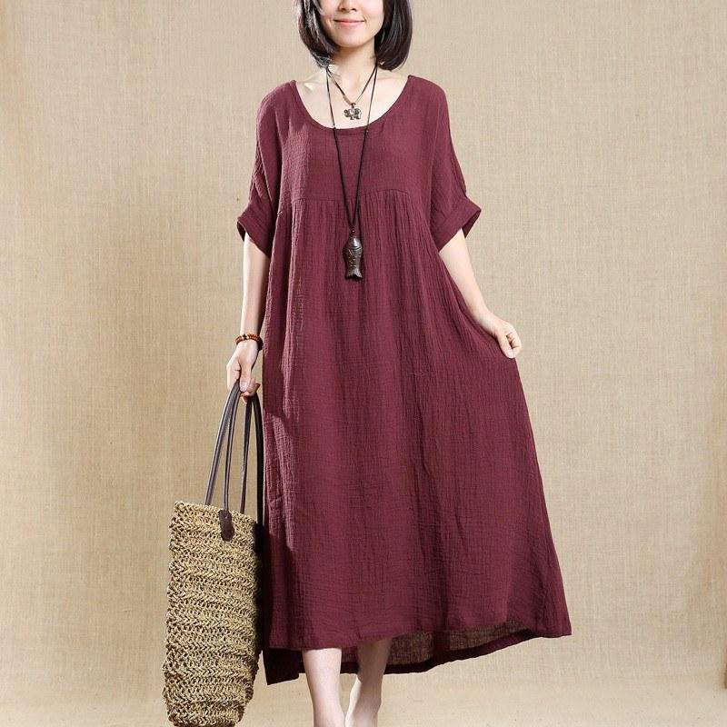 Cotton Linen Loose Dress Short Sleeves