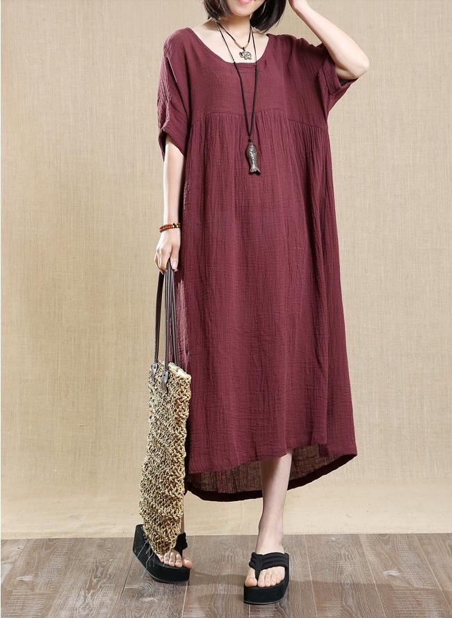 Cotton Linen Loose Dress Short Sleeves