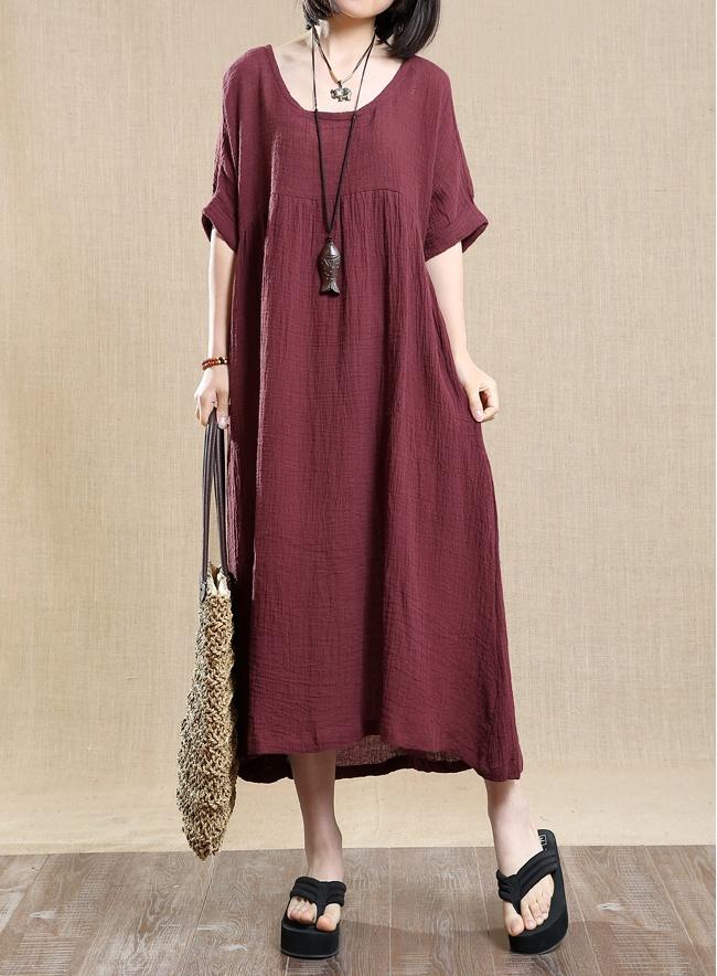 Cotton Linen Loose Dress Short Sleeves
