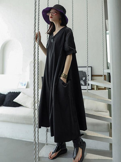 Vintage Loose Oversize V-neck Solid Dress