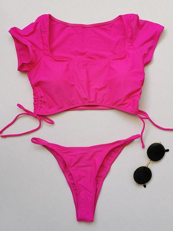 Solid Color Half Sleeve Bandage Split Bikini Swimsuit