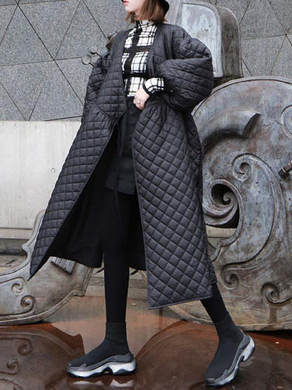 Vintage Oversize Lantern Sleeves Rhombus Plaid Cotton Padded Coat