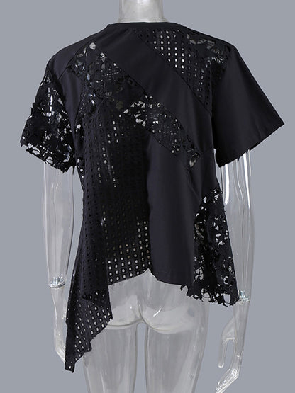 Irregular Hollow Lace Solid Color Round-Neck Short Sleeves T-Shirt Tops