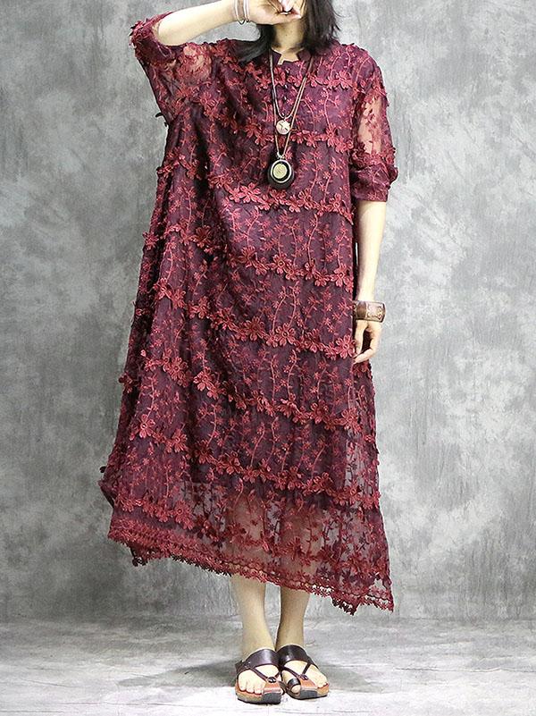 Loose Solid Hollow Flower Embroidered Maxi Dresses