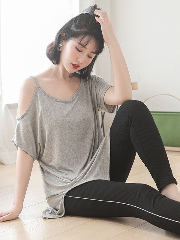 Casual Solid Color Asymmetric Cold Shoulder Spaghetti-Neck T-Shirt