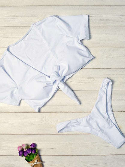 Short Sleeves Plain Bikinis Swimwear