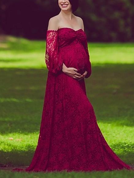 Maternity Lace Off-the-shoulder Long Sleeve Maxi Dress