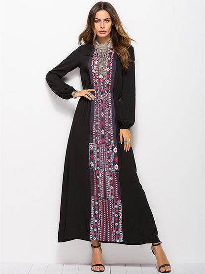Round-neck Long Sleeves Printed Maxi Dress