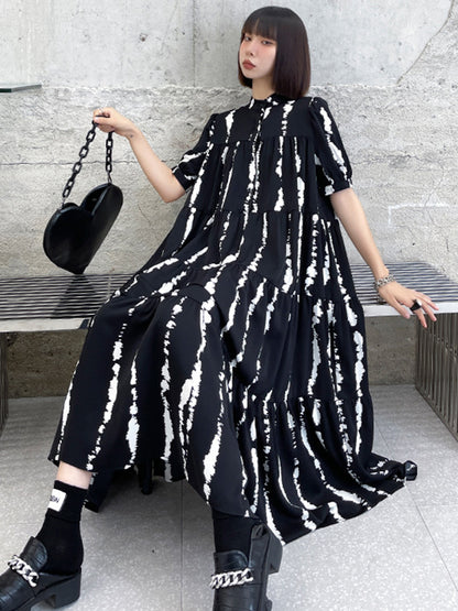 Vintage A-Line Printed Black Midi Dress