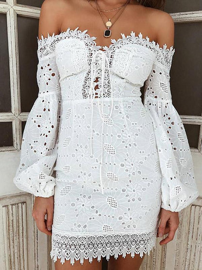 Bohemia Hollow Puff Sleeves Mini Dresses