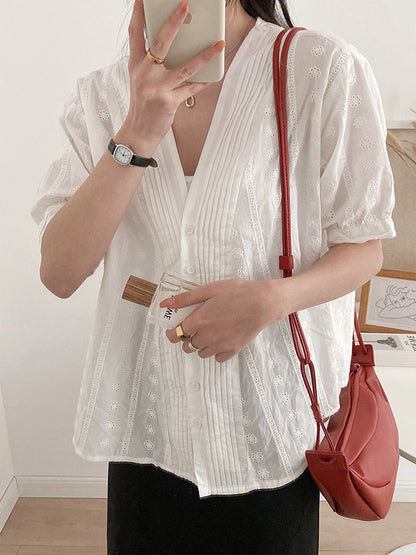 Simple Solid Color Buttoned V-Neck Short Sleeves Blouse