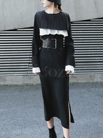 Retro Split-side Ruffled Pleated Long Dress