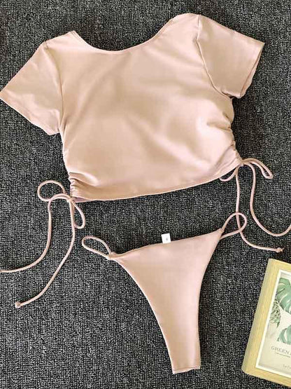 Lace Up Bandeau Short Sleeve Bikini Swimsuit