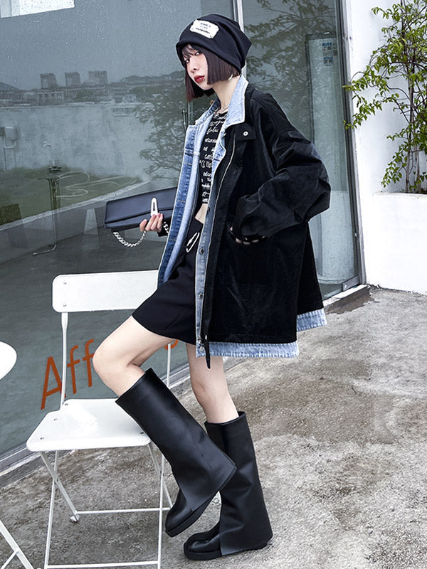 Original Stylish Cool Denim Split-Joint With Pocket Buttoned Lapel Collar Long Sleeves False Two Outwear