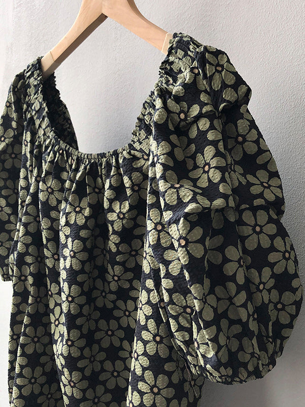 Loose Puff Sleeves Floral Printed T-Shirt