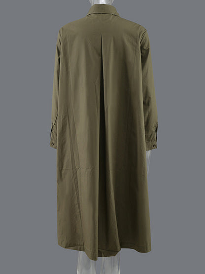 Casual Split-Joint Buttoned Lapel Collar Long Sleeves Midi Shirt Dress