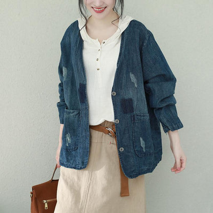 Buykud Solid Color Frayed V-Neck Denim Coat