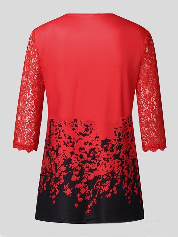 V-Neck Elbow Sleeves Lace Printed Loose Blouse