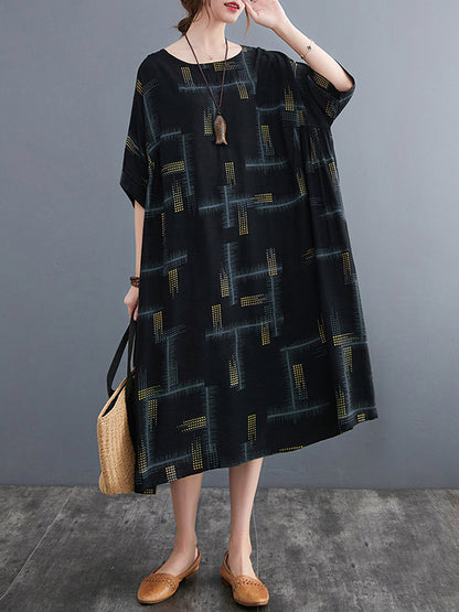 Artistic Retro Loose Striped Printed Contrast Color Midi Dress