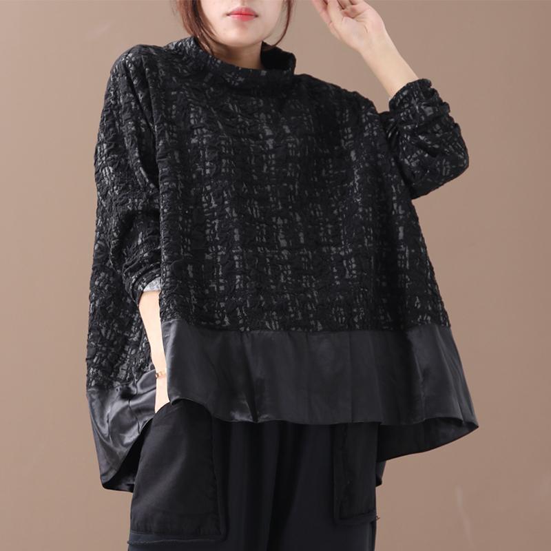 Buykud Spliced Pure Color Turtleneck Long Sleeve Blouse