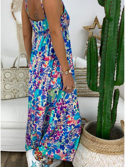 Beach V-neck Printed Spaghetti-neck Maxi Dress