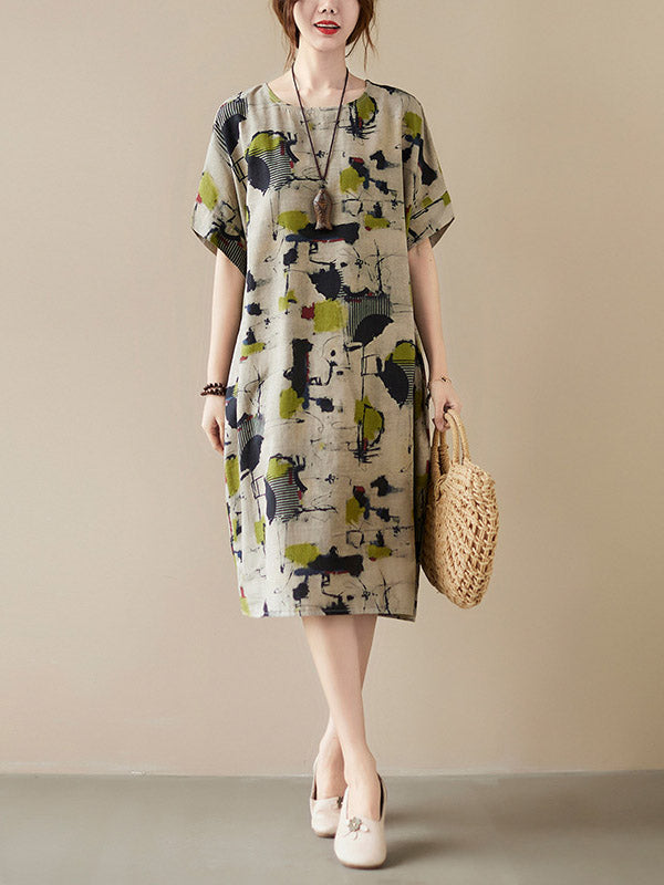 Artistic Retro Ramie Cotton Printed Round-Neck Half Sleeves Midi Dress