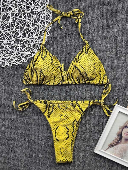 Snake-Print Triangle Bandage Split Bikini Swimsuit